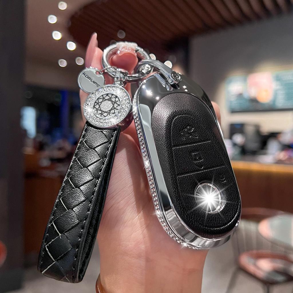 Compatible with Mercedes Benz Key Fob Cover with Keychain, Pink Genuine Leather Crystal Key Case Protection Shell Fit for 2020