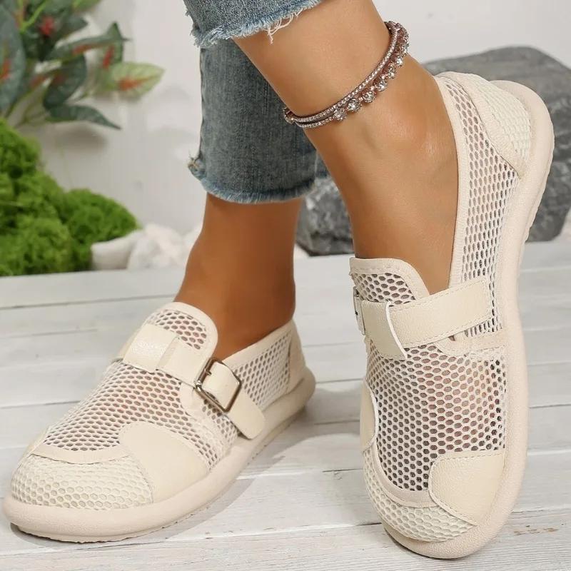 Fashion Ladies Shoes 2025 Hot Sale Belt Buckle Women's Flats Fashion Round Toe Casual Mesh Light ComfortableHigh Quality Flat Low Heels