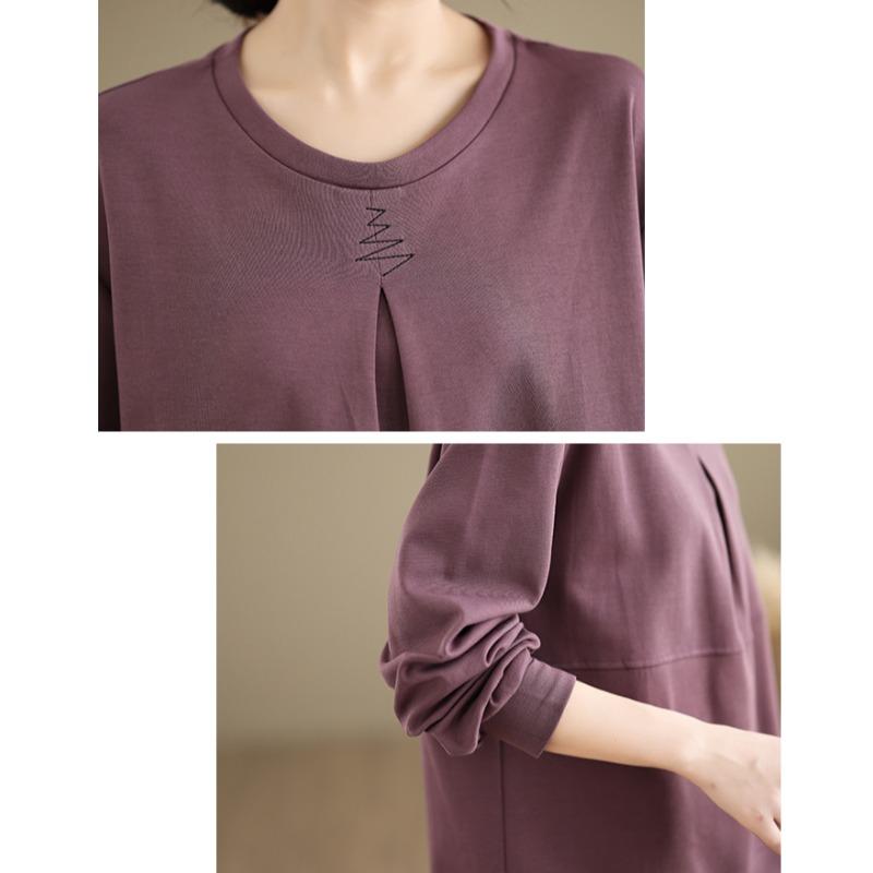 DIMANAF 2024 Dámské nadměrné velikosti Jednobarevné Tričko s O-výstřihem Podzimní Volné Nový Pulovr Ležérní Dlouhý rukáv Topy Trička
