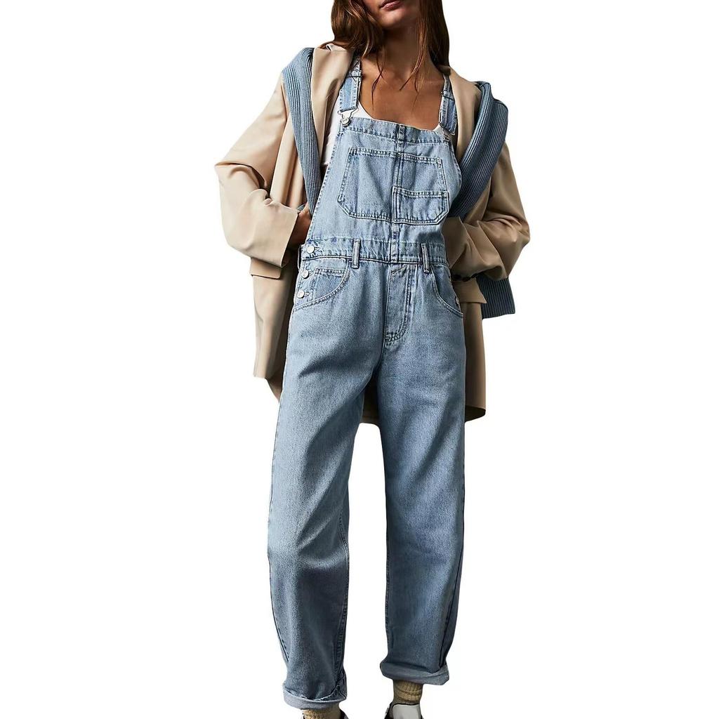 Modische Jeans-Latzhose für Damen Lockerer Schnitt Klassische Latzhose Lässige Jeans Dehnbarer Jeans-Overall Jumpsuit Verjüngende Jean-Hosen