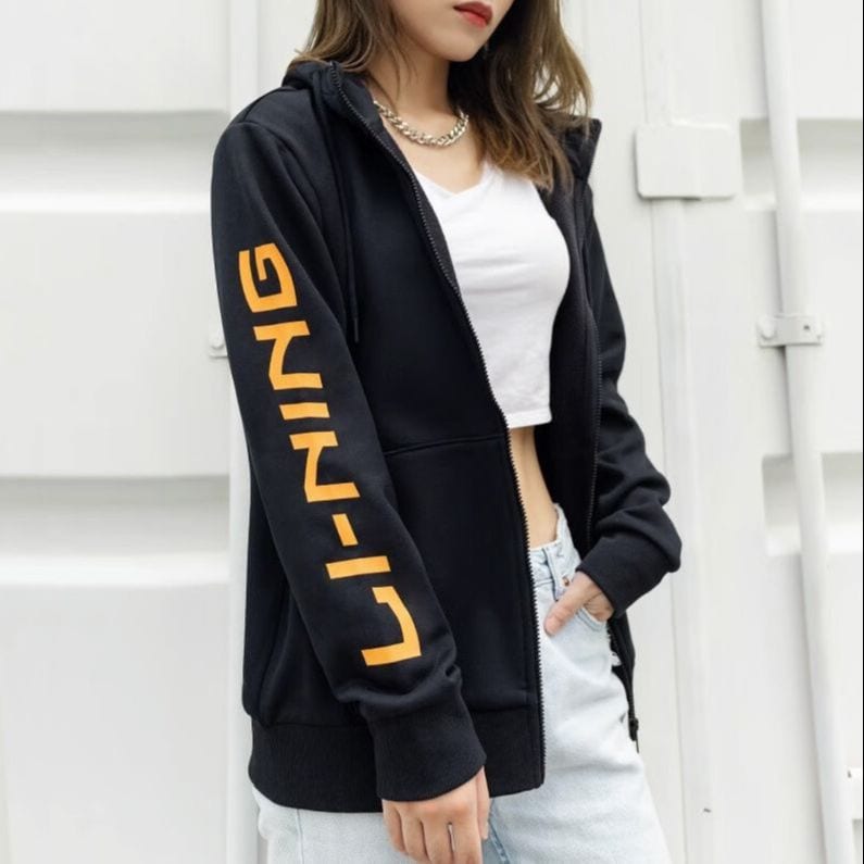 Li Ning Sports Fashion Collection Logo Print Fleece Lined Thermal Hooded Zippers Jacket Unisex New Standard Black AWDPD23-11
