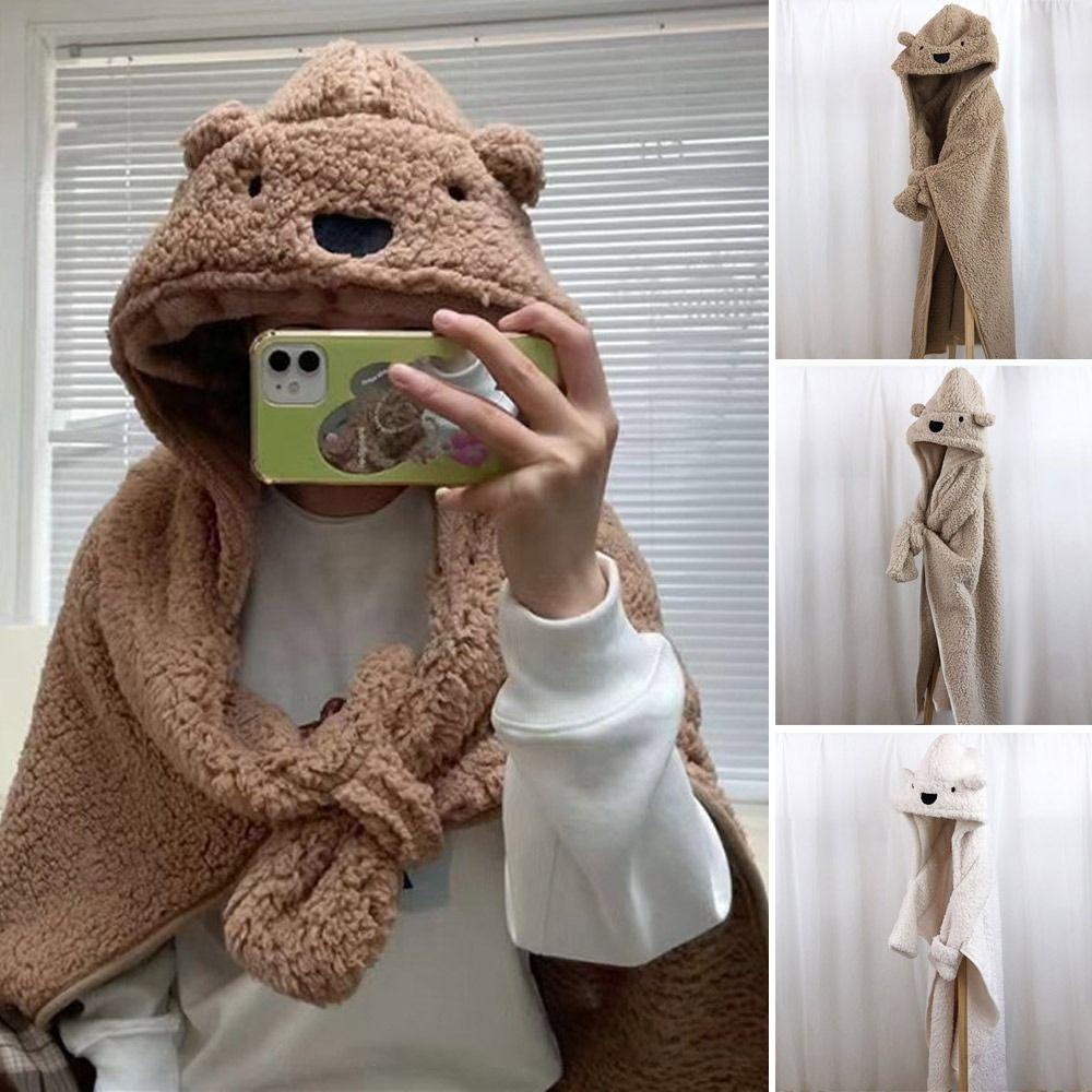 

Thickened Hooded Cloak Blankets Bear Ear Throw Blanket Cloak Cape Comfortable Warm Cape Women