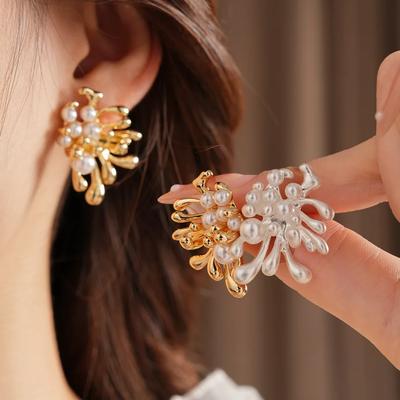Gold Electroplated Firework Pearl Stud Earrings Fashion European American Personality High-end Earring for Women Luxury Zircon