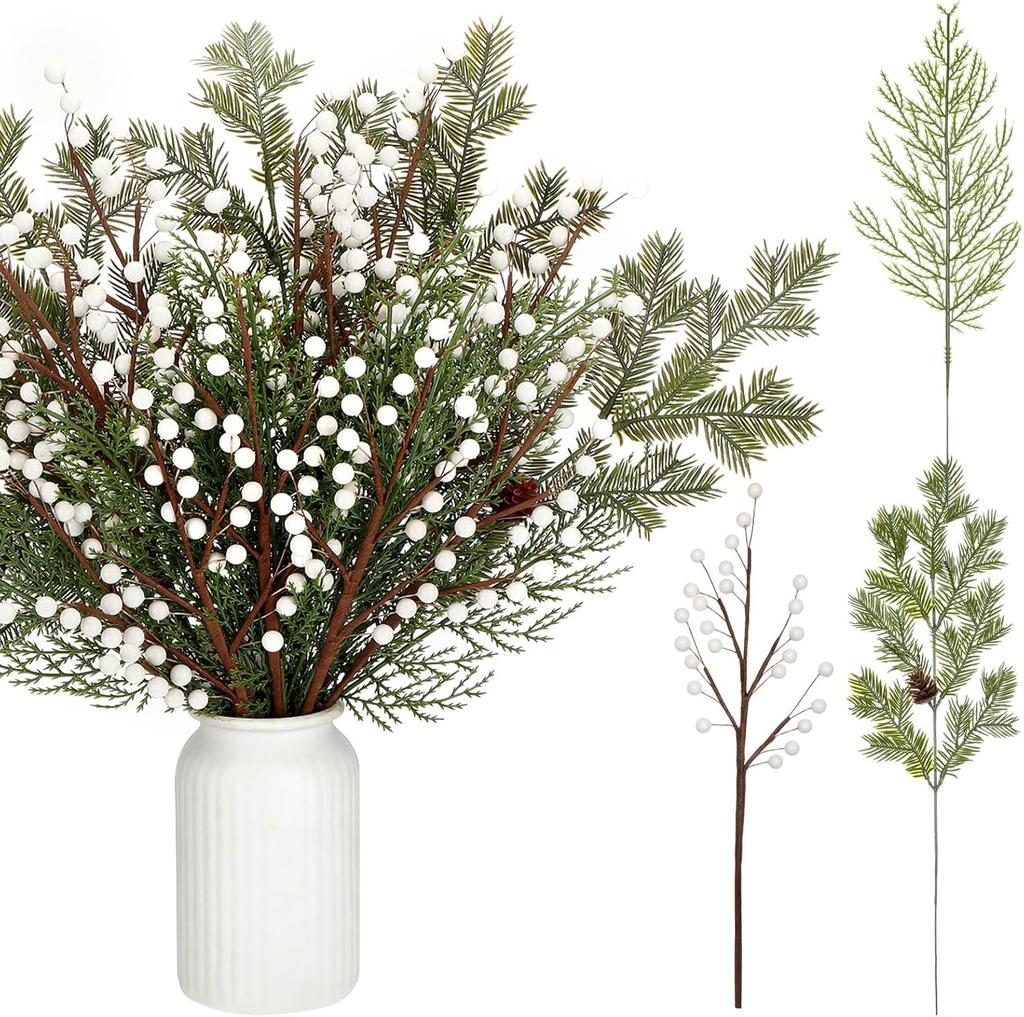 30 Pcs 16 Inch Artificial Christmas Pine Branches with Berries & Pinecones for Tree, Vase, Wreath, Garland DIY