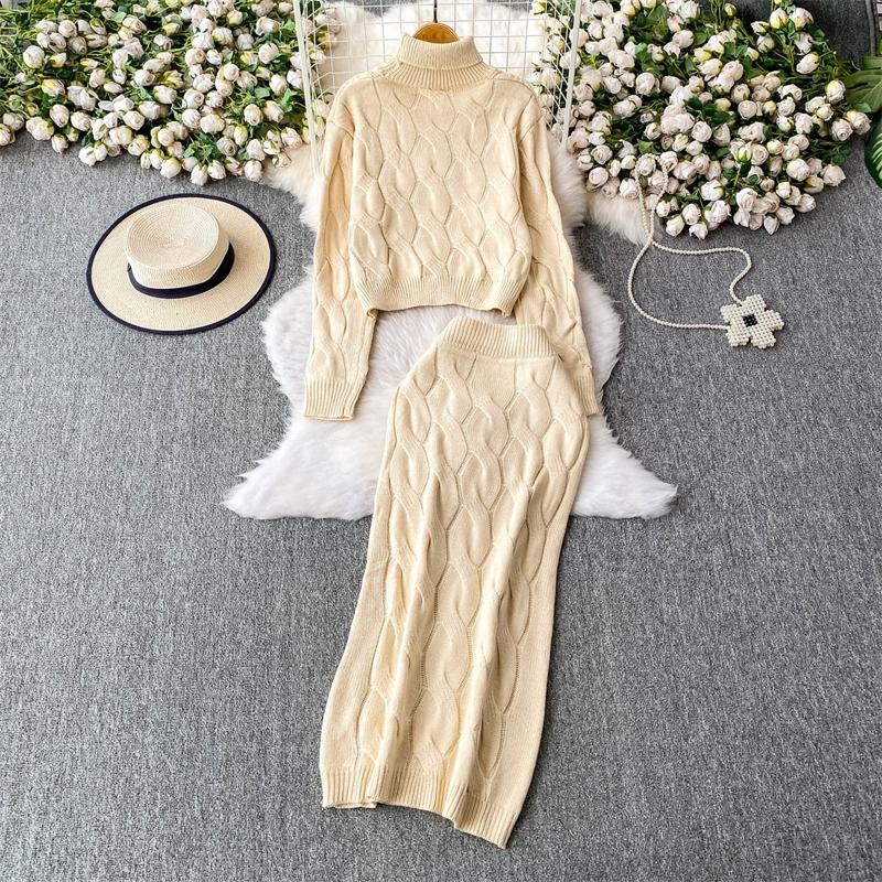 Autumn 2 Piece Set Turtleneck Sweater For Women Casual Fashion Style Chic Weave Top + High Waist Elegant Long Skirt