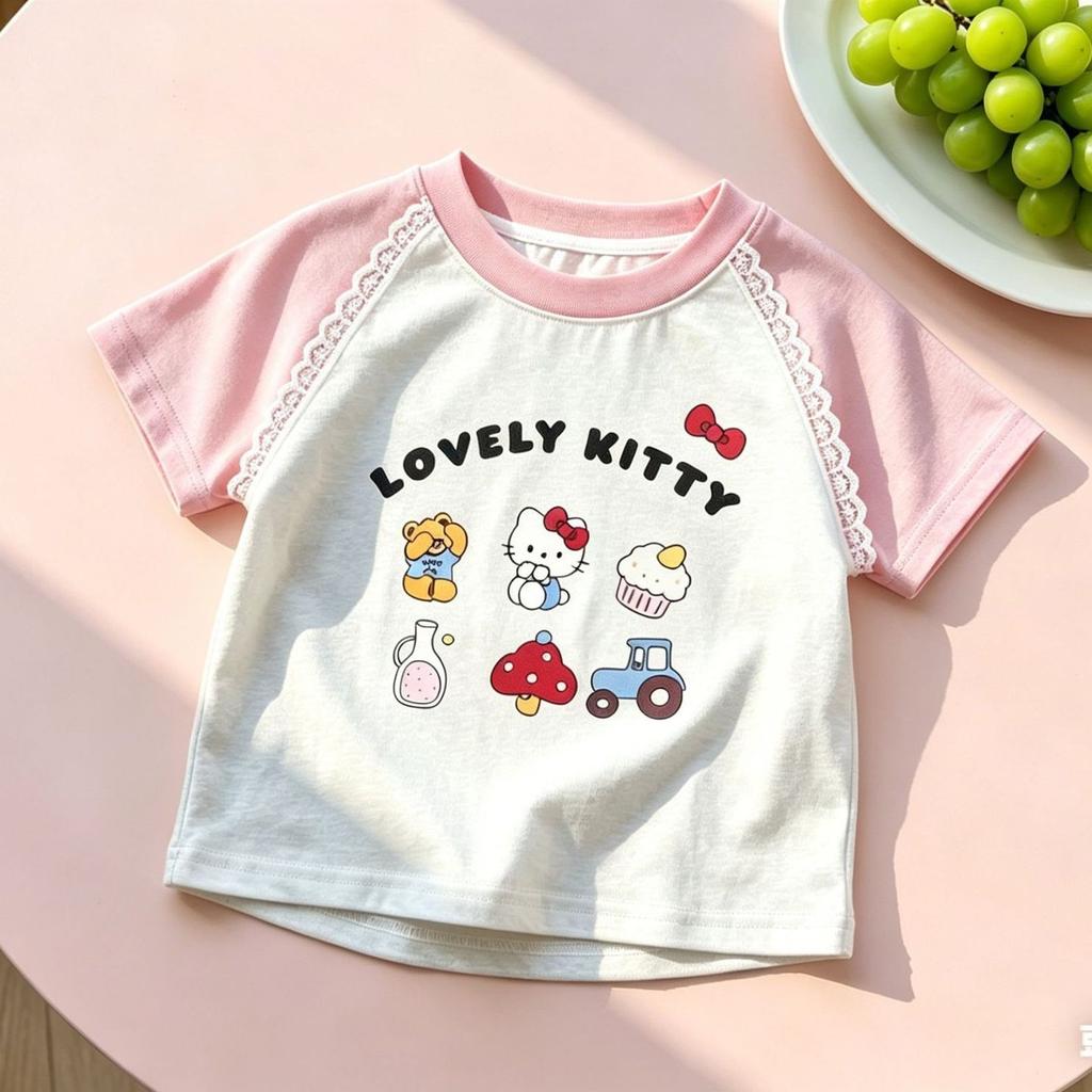 Girls Summer Lightweight Short Sleeve T Shirt Cute Cartoon Print Sweet Top