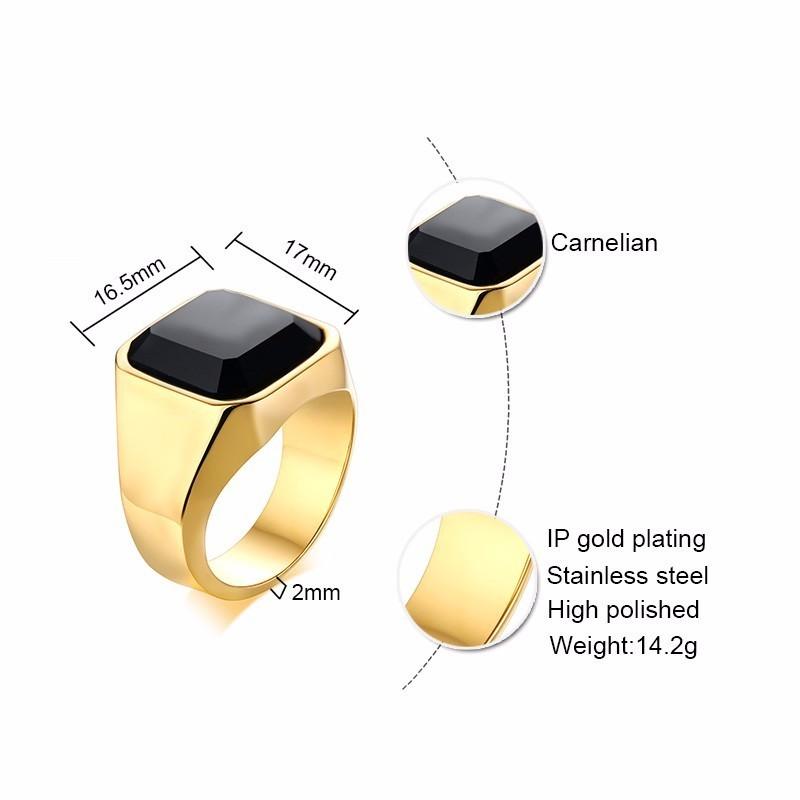 Man Ring Black Carnelian Signet Rings Stainless Steel Square Pinky Rings Gents Wealth And Rich Status Jewelry