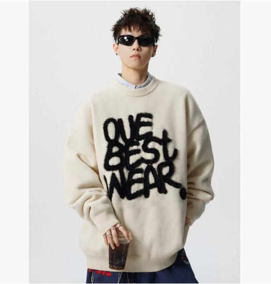 American letter jacquard crew neck sweater men's winter new heavy lazy style knitted sweater high street casual top