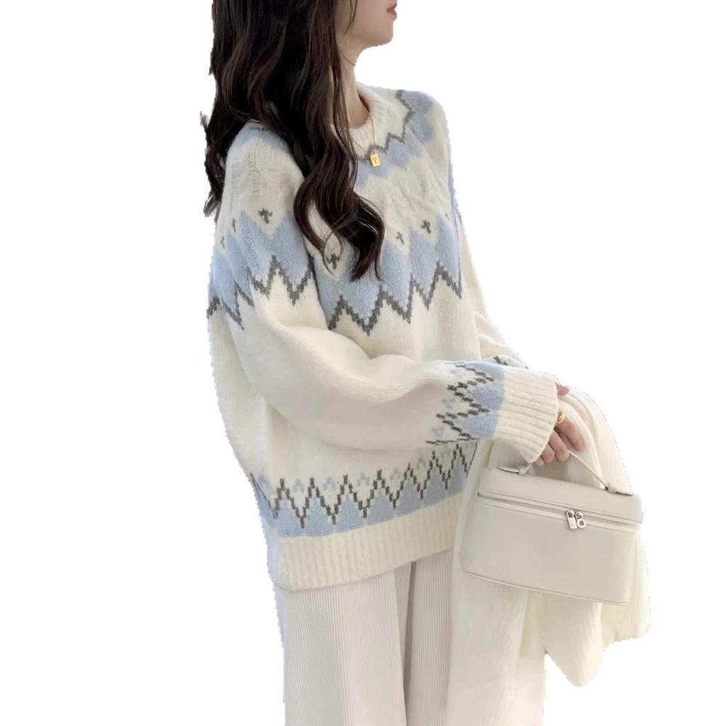 2026 Women's Diamond Jacquard Color Block Sweater - Autumn/Winter College Style Loose Knit Pullover