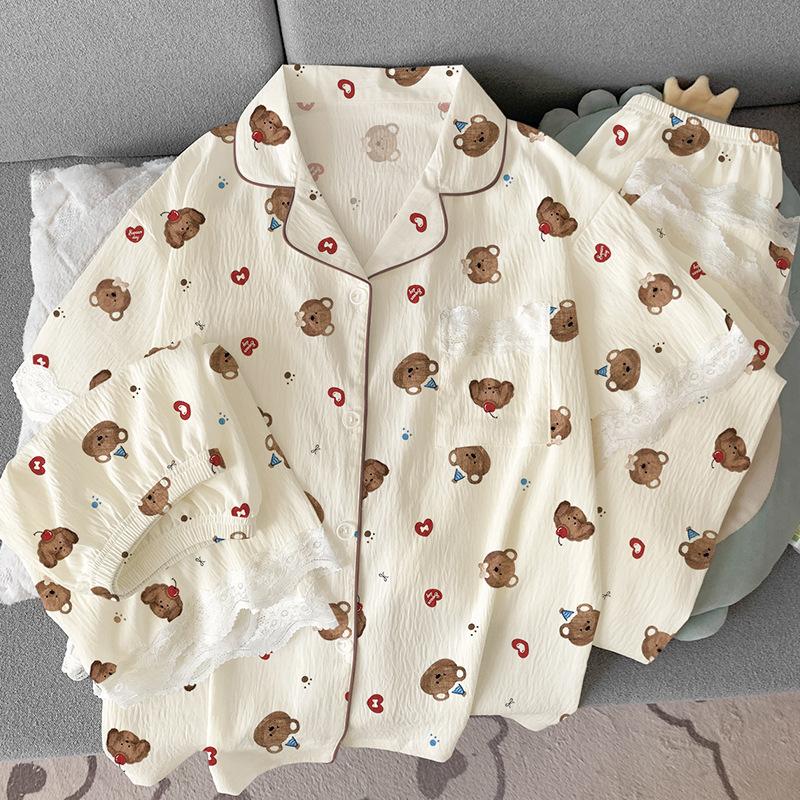 Cloud Cotton Pajamas Women'S Summer Sweet Lace Edge Short-Sleeved Cartoon Party Bear Loungewear Three-Piece Set