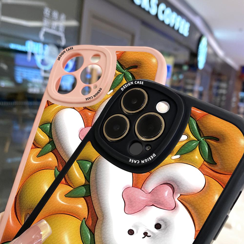 Cienkie etui z miękkiego silikonu PU skóra z kreskówkowym mandarynkowym królikiem na telefon iPhone Samsung Huawei Honor Xiaomi Redmi OPPO Realme Vivo