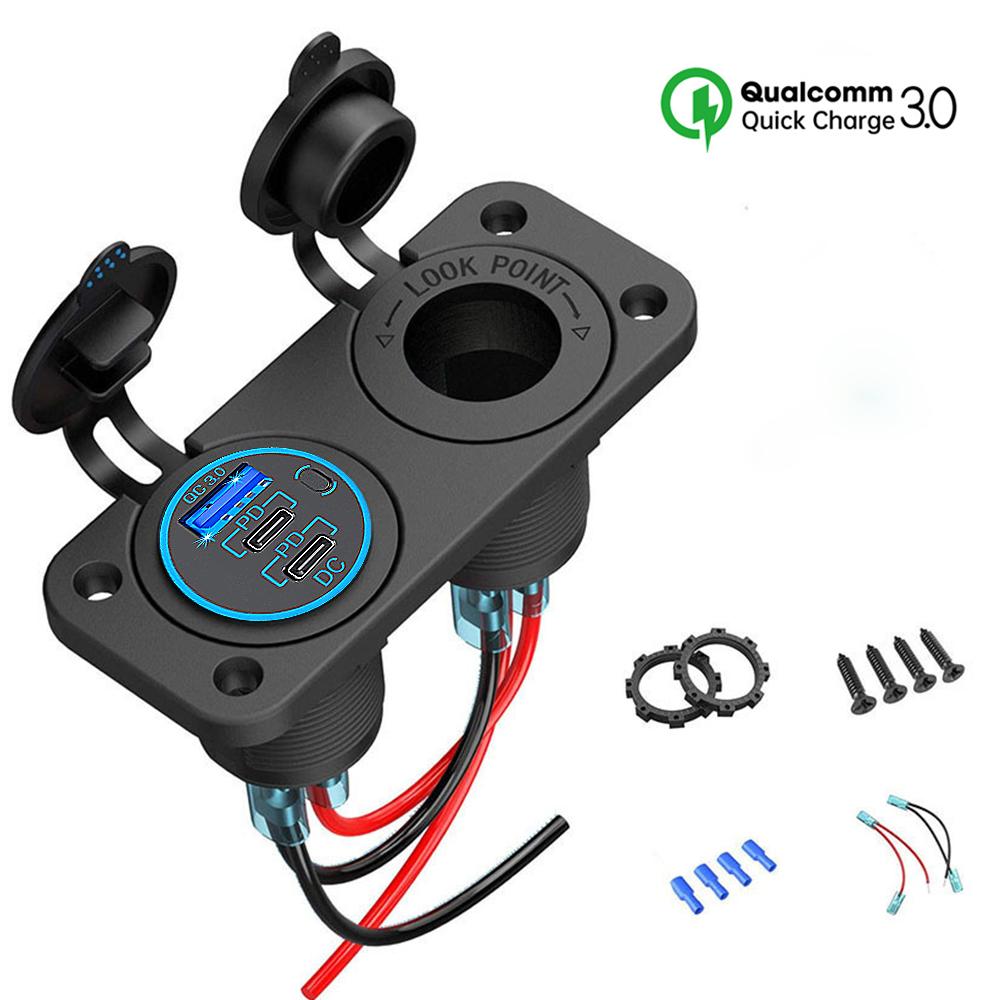 12V USB Socket Panel Quick Charge 3.0 Dual PD USB Car Charger Socket Outlet Cigarette Lighter Adapter for Car Boat RV Motorcycle