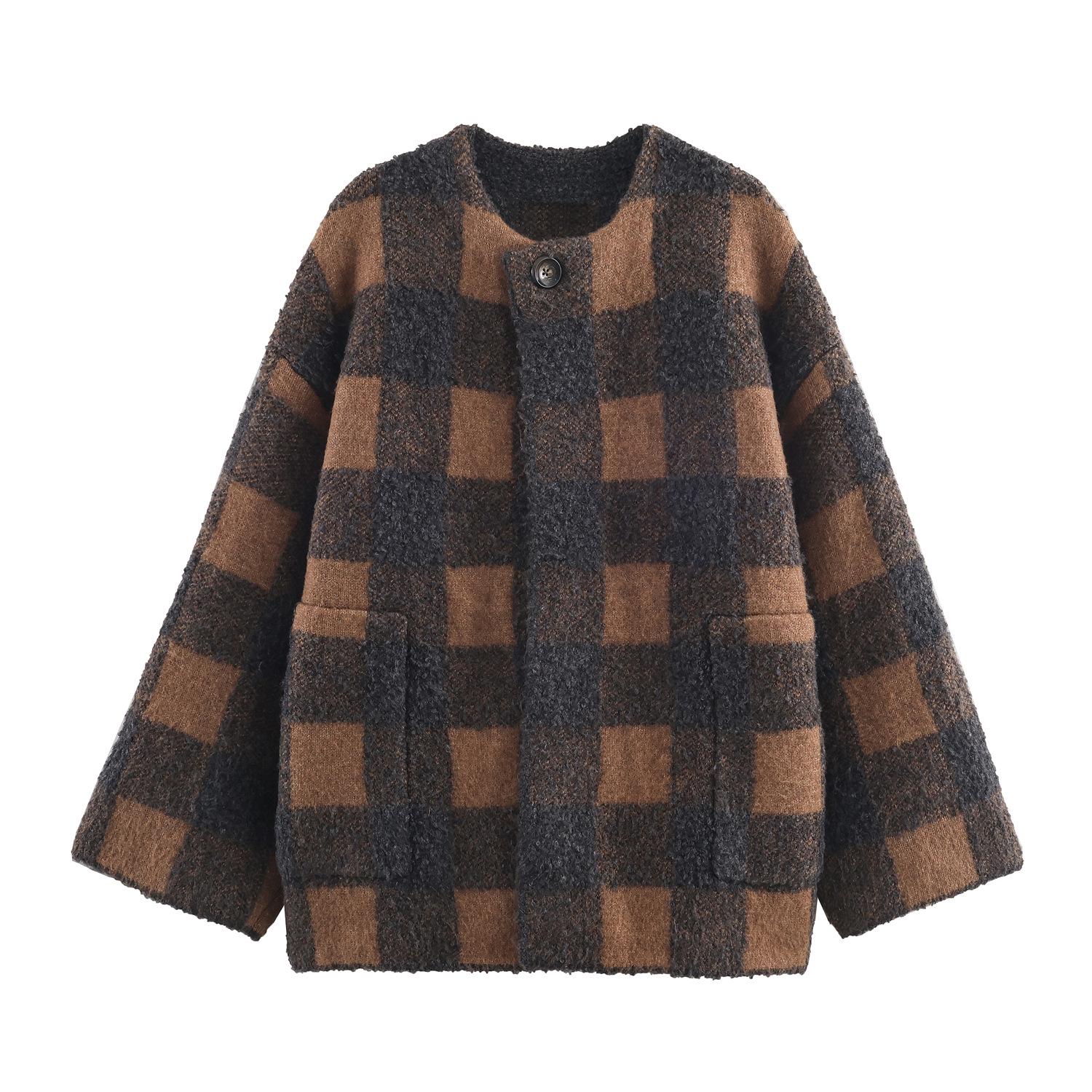 Women s Plaid Knit Coat Jacket - European & American Style Medium