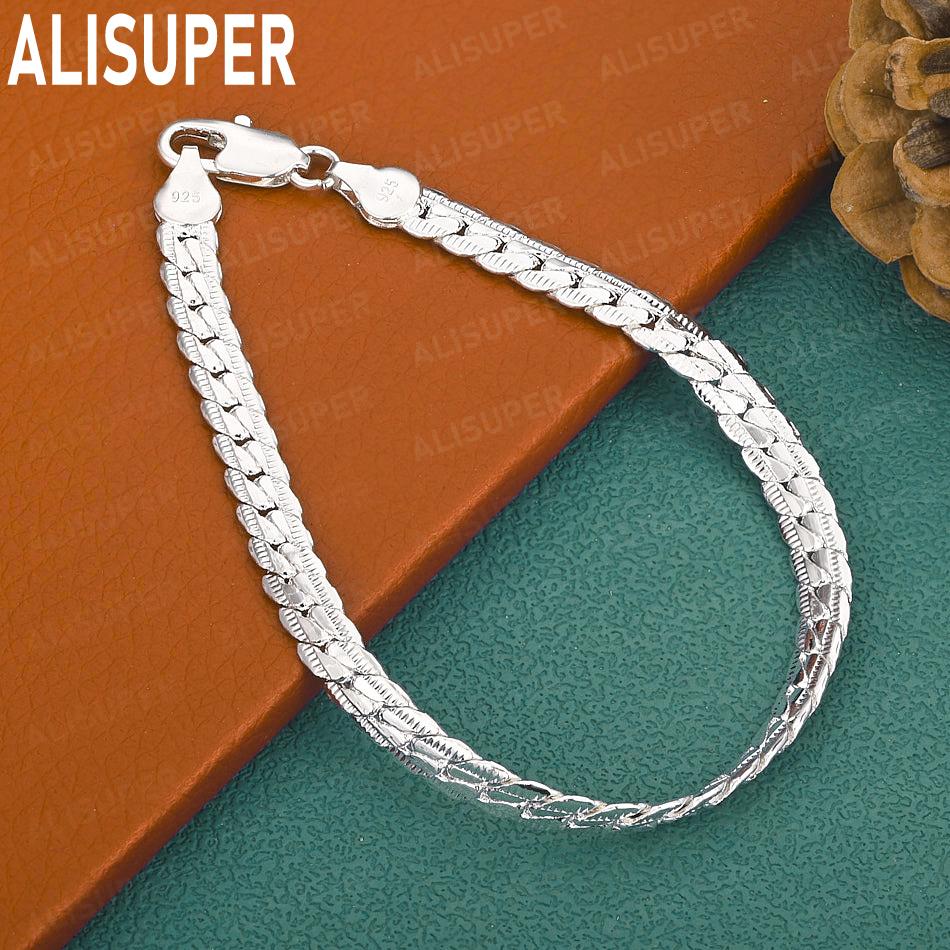 925 Sterling Silver 6mm Fish Scale Pattern Side Chain Bracelet - Powerful Gift Jewelry 18CM