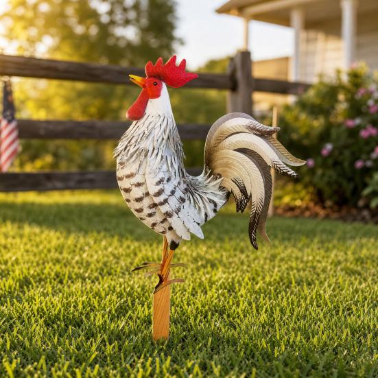 Metal Rooster Statues Waterproof Chicken Sculpture Metal Garden Deco Outdoor Yard Ornament