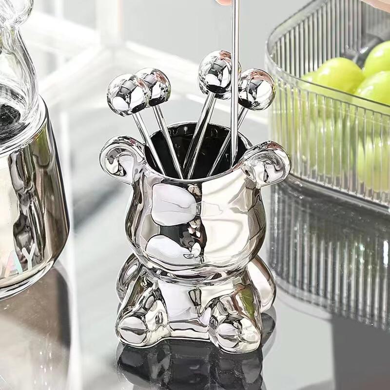 ZISIZ Simple Stainless Steel Fruit Forks Set with Colorful Bear Holder