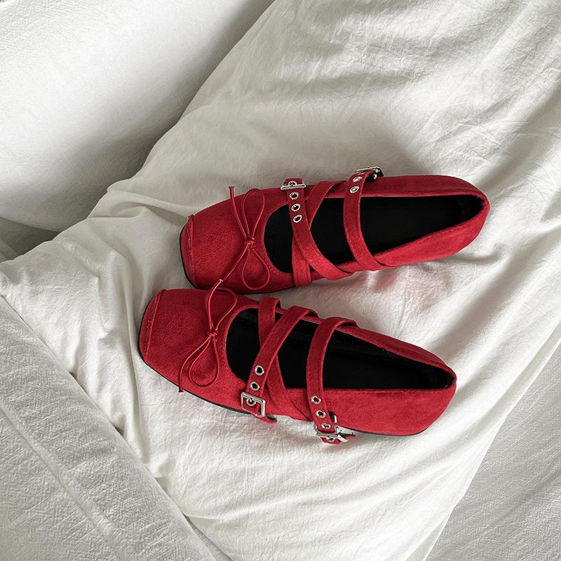 Bow inner height increase square head Mary Jane women's shoes 2025 new retro shallow mouth rivet ballet flats