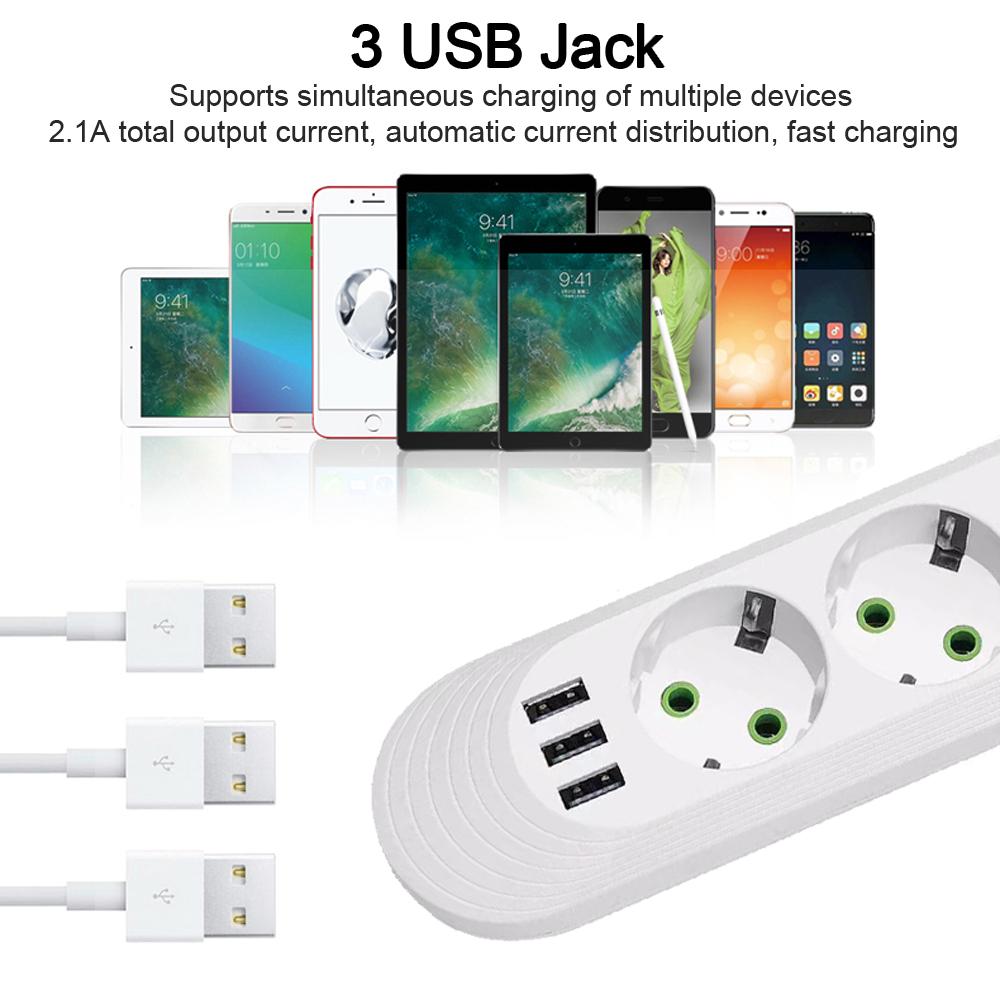 EU-plugg AC-uttak Smart Home Multiprise Power Strip Forlengelsesledning Strømuttak Nettverksfilter Med USB-porter Hurtiglading