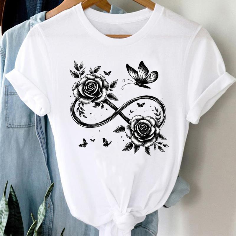 (Asian Size)  Clothing Tee Print Lady T Shirt sweet flower trend 90s Fashion Women Casual Top Short Sleeve Female Graphic T-shirts
