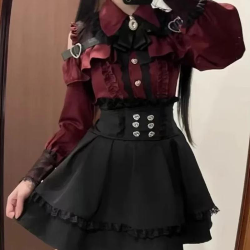 Japanese Y2 Aesthetics Vintage Bow Dress Shorts Set Women Gothic Lolita Style Long Sleeve Shirt Dress Elegant Party Dress Suits