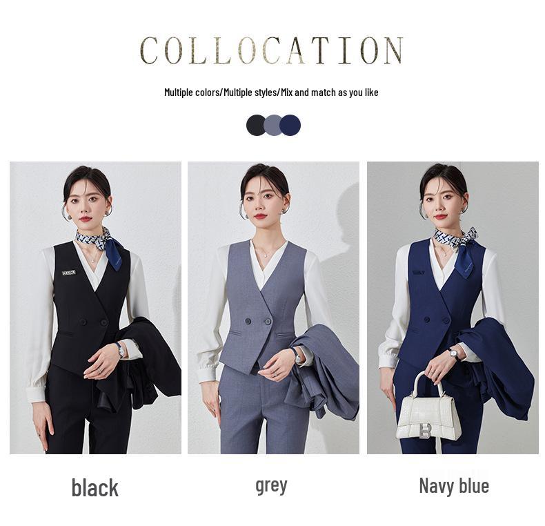 Women's 2024 Black Professional Sleeveless Vest & Pants Set for Hotel Manager
