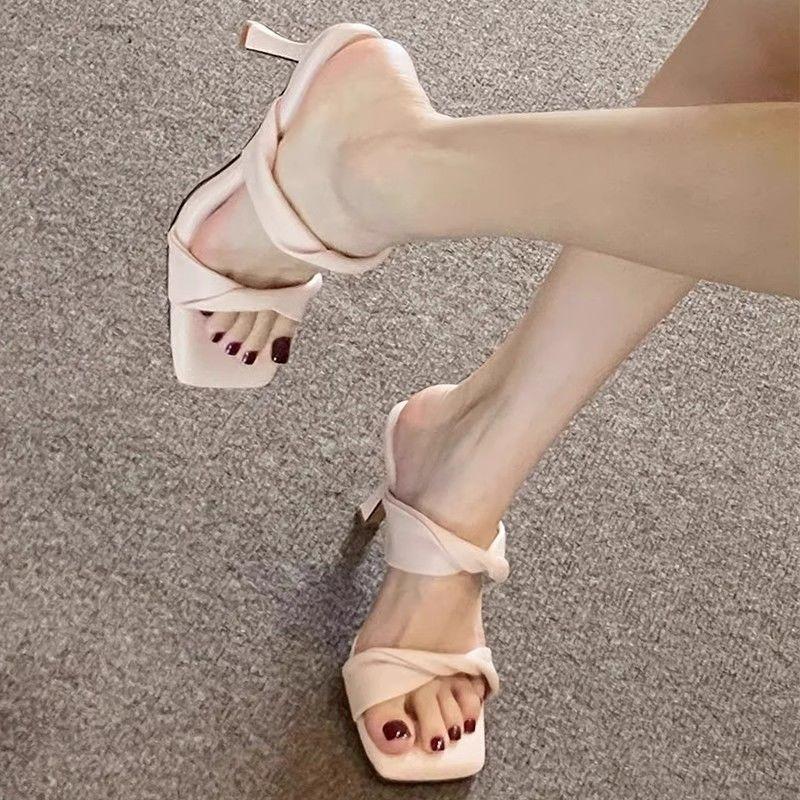 High heels women's summer new square head thin heel pink one-word strap sandals open-toed versatile outer slippers