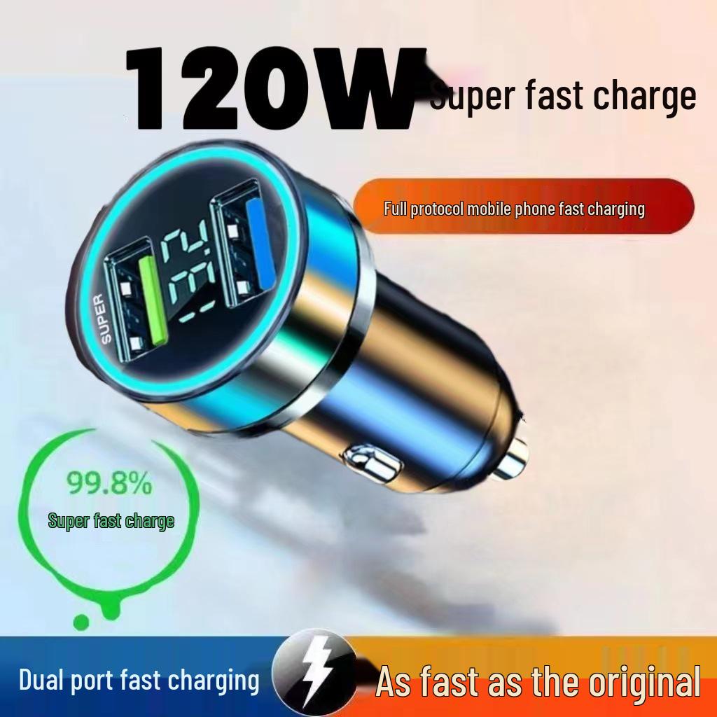 66W Fast Charging Car Charger with Digital Display and Metal Ring
