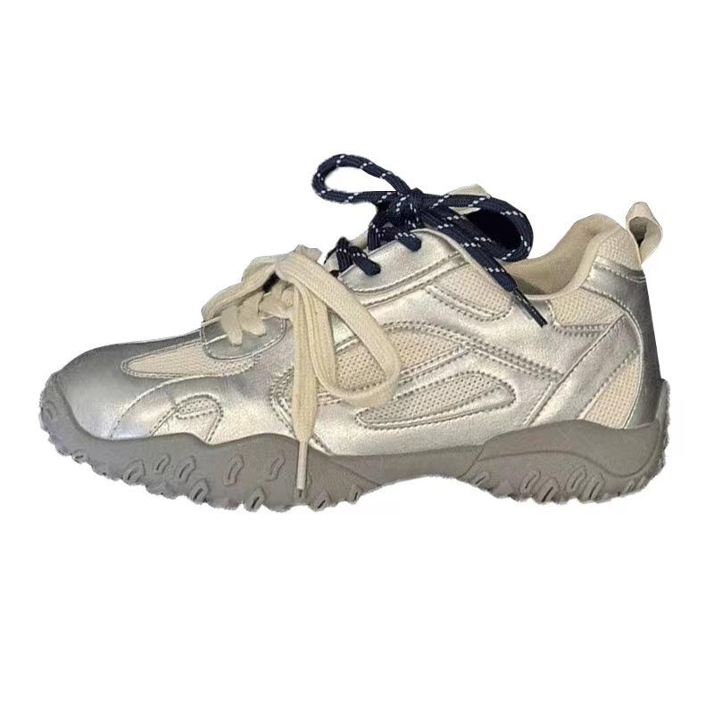 Outdoor Walking Jogging Athletic Running Shoes Strapped Casual Shoes Women Sneakers Vintage Leather Knitted Fabric Trainers