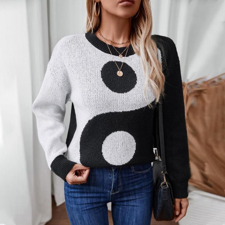 Vintage Print Loose Knitwear Cardigan Long Sleeve O-Neck Sweater Autumn Winter Top