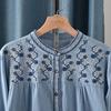 Japanischer Ethno-Stil Rundhals Gewaschener Denim Stickerei Locker Langarmhemd Damenbekleidung