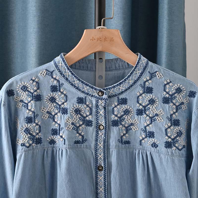 Japanischer Ethno-Stil Rundhals Gewaschener Denim Stickerei Locker Langarmhemd Damenbekleidung