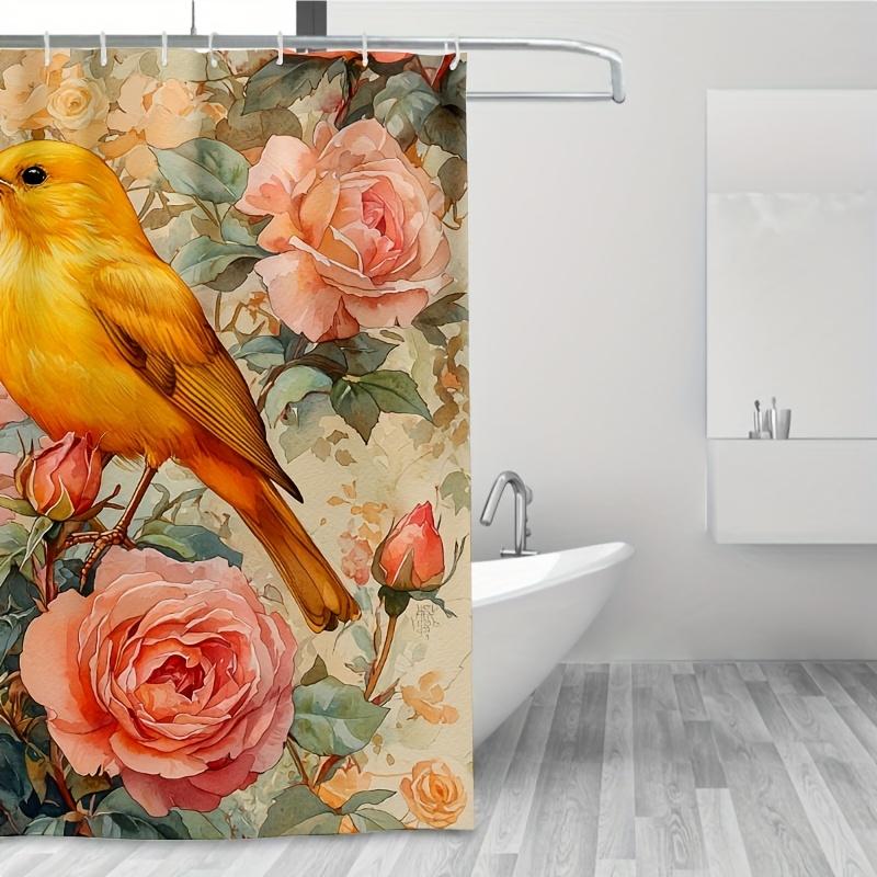 Blumen-Vogel-Duschvorhang - Lebendiger Gelber Vogel & Rosa Rosen, 71x71 Zoll Polyester, Handwäsche, Stilvolle Sommer-Badezimmerdekoration