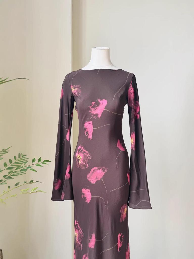 French Luxury Mulberry Silk Printed Dress: Women's Long Sleeve Slim Waist Elegant Vacation Style High-End Summer Skirt