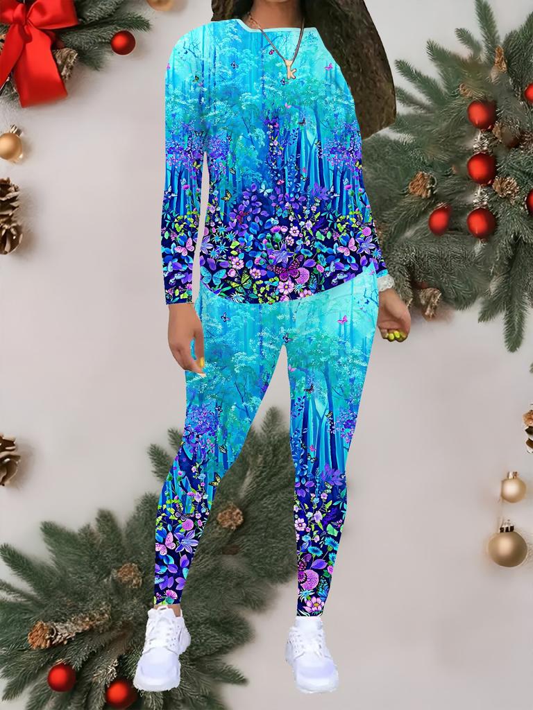 Damski 2-częściowy strój z nadrukiem 'Love': Top z długim rękawem z okrągłym dekoltem i spodnie, świąteczny limitowany casualowy strój na imprezę, prezent