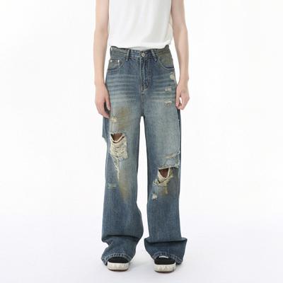 2026 Herren Neue Vintage Trendige Schmutzgefärbte Weitbeinige Lässige Gerissene Jeans