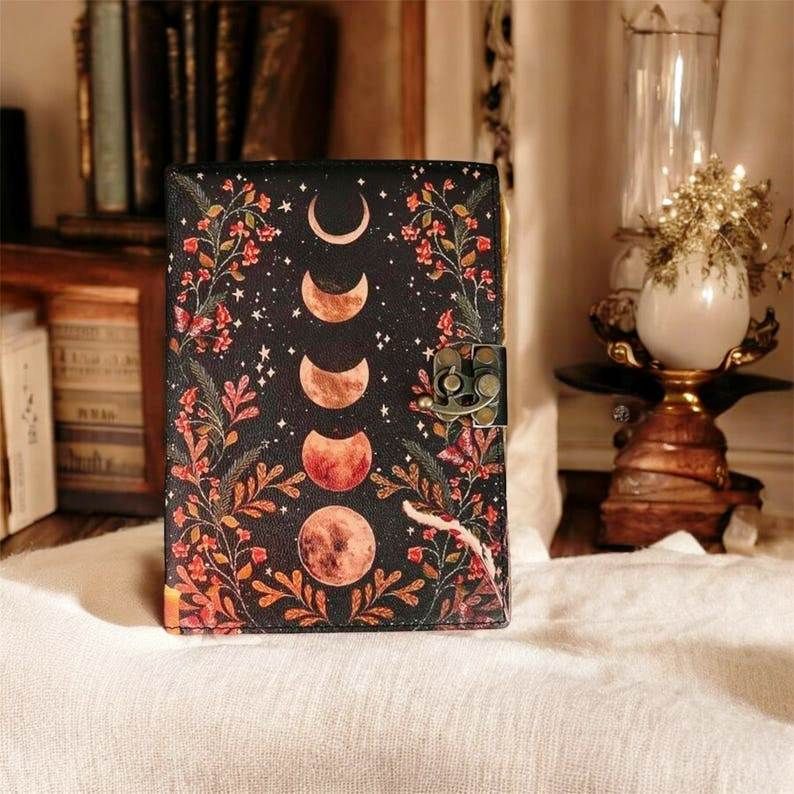 Moon Phase Leather Journal | Handmade Vintage Celestial Notebook | Antique Deckle Paper Diary