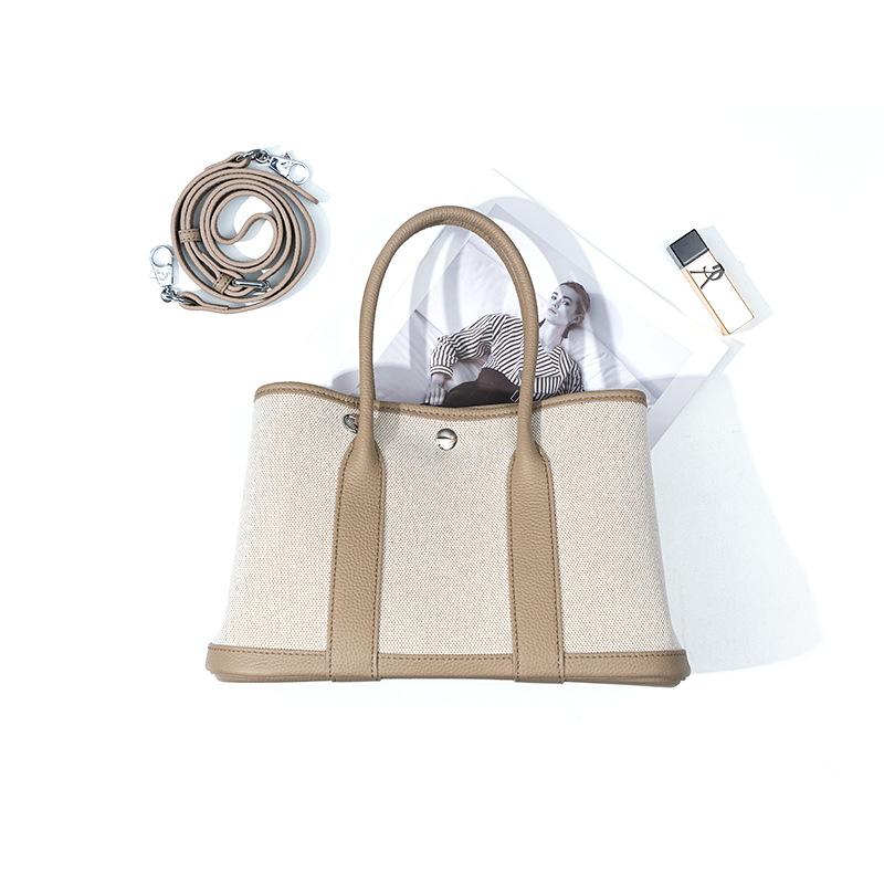 Niche high-end women's leather handbag, first-layer cowhide large-capacity canvas contrasting color garden tote bag