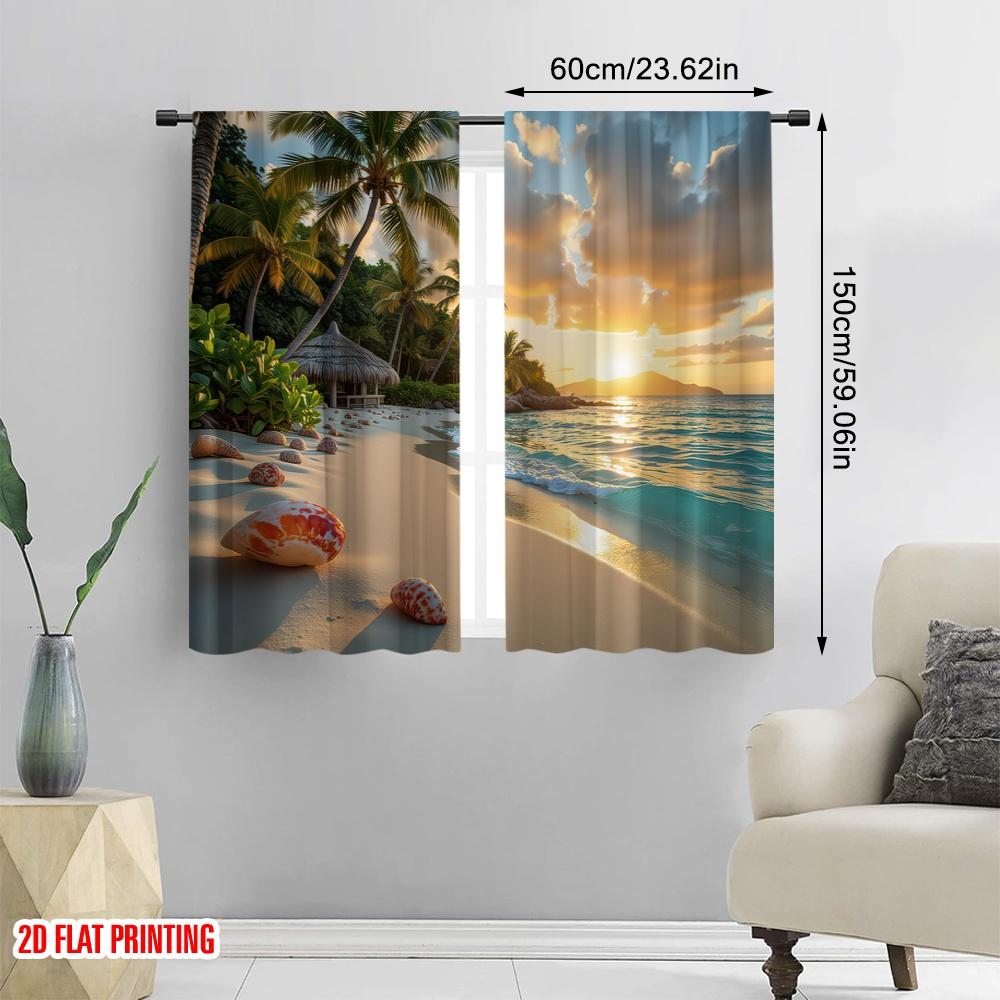 2D flat printing 2pcs Scene Curtains Tropical Island Cottage Scenery Versatile 100% Polyester  Without Electricity Festive
