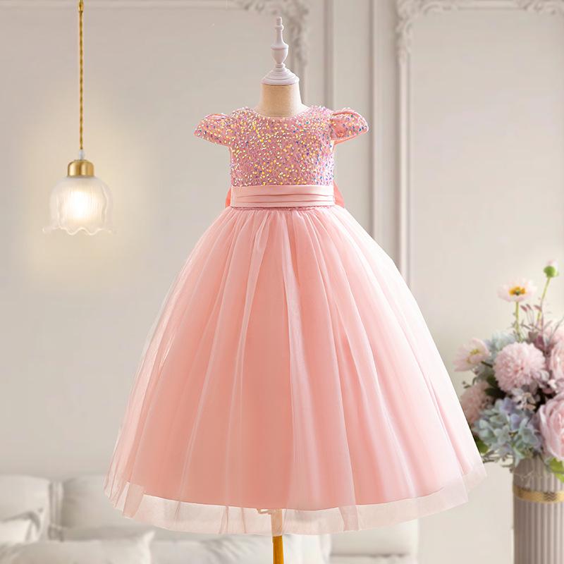 

Girls Princess Evening Gown with Bow Waist and Fluffy Mesh Skirt 130 CM