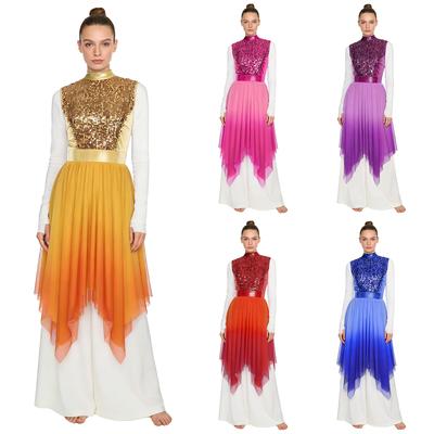Women's Worship Praise Dance Dress with Glittery Sequins, Gradient Mesh Sleeveless Bodice & Irregular Hem for Liturgical Performance