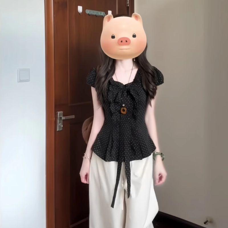 

Plus Size Plus Size Ladies Pure Desire Wind Black Polka Dot Bows Shoelace Shirt Summer New Arrival Fashion All-Matching Silm Tops Polo Dot Shirt M