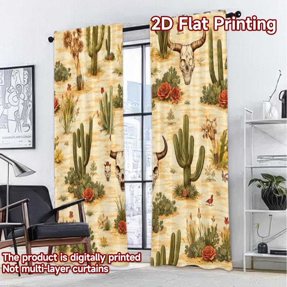 2D FLAT PRINTING 2pcs Curtains (Without Rod) Desert Cactus and Skulls Print Chic Curtains Versatile 100% Polyester Curtains
