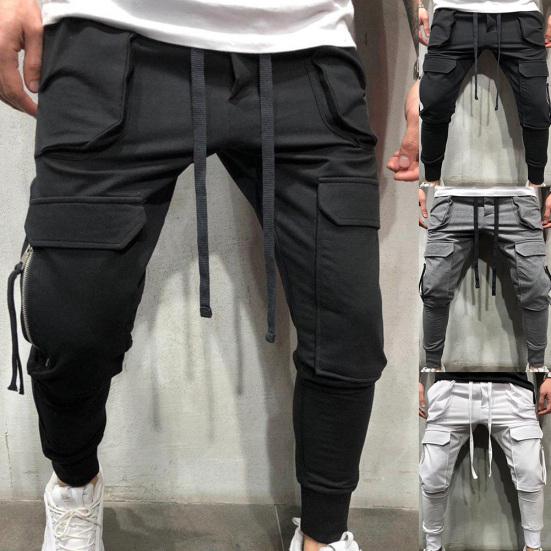 Sporty Men Solid Color Drawstring Multi-pockets Cargo Pants Ankle Tie Trousers