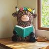 Yousheng Highland Cow Figurine Reading Book Cattle Resin Statue Sculpture Home Office Decoration Ornament Book Lover