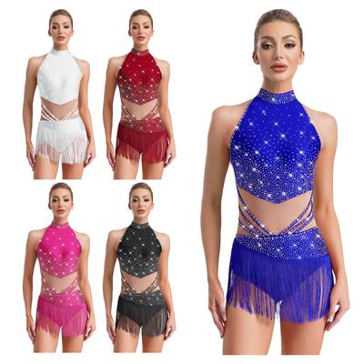Dames Latijns-Amerikaanse dans turnpakje met nephals, mouwloos ontwerp, patchwork, strass-steentjes en kwastjes voor gymnastiekwedstrijden