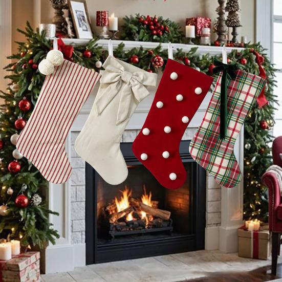 Christmas Stockings with Hanger Bowknot Plush Balls Decor Striped Print Candy Holder Festive Tree Decoration