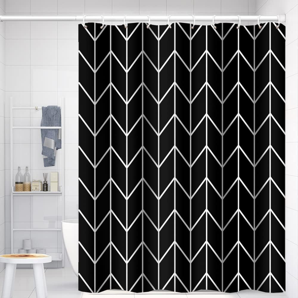 Striped Fabric Bathroom Shower Curtain-Modern Simple Polyester Waterproof Blue Grey Abstract Line Pattern With Hook