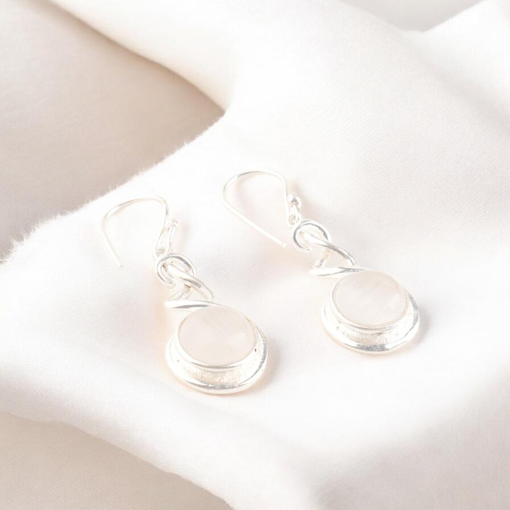 Genuine White Selenite Gemstone 925 Sterling Silver Handcrafted Jewelry Earrings CE-14-32