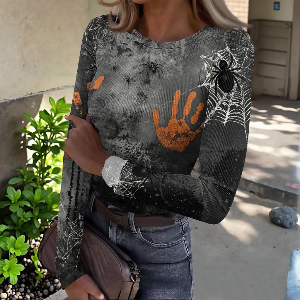 Womens Halloween Print Long Sleeve T Shirt Slim Fit Round Neck Casual Stretchy Basic Top for Autumn Winter