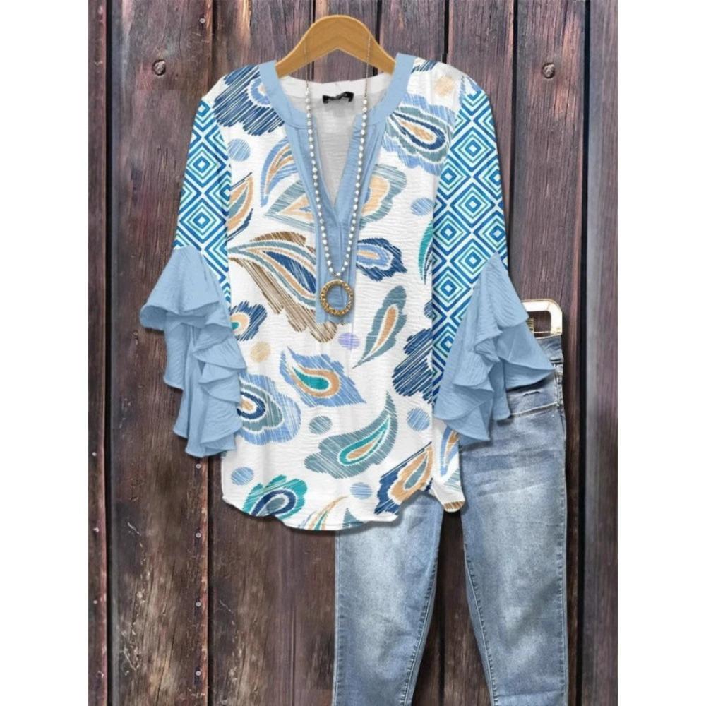 Large Women's Bohemian V-neck Shirt with Ruffle Sleeves, Grey Brown Floral Print Top, Casual Breathable Machine Washable Pullover